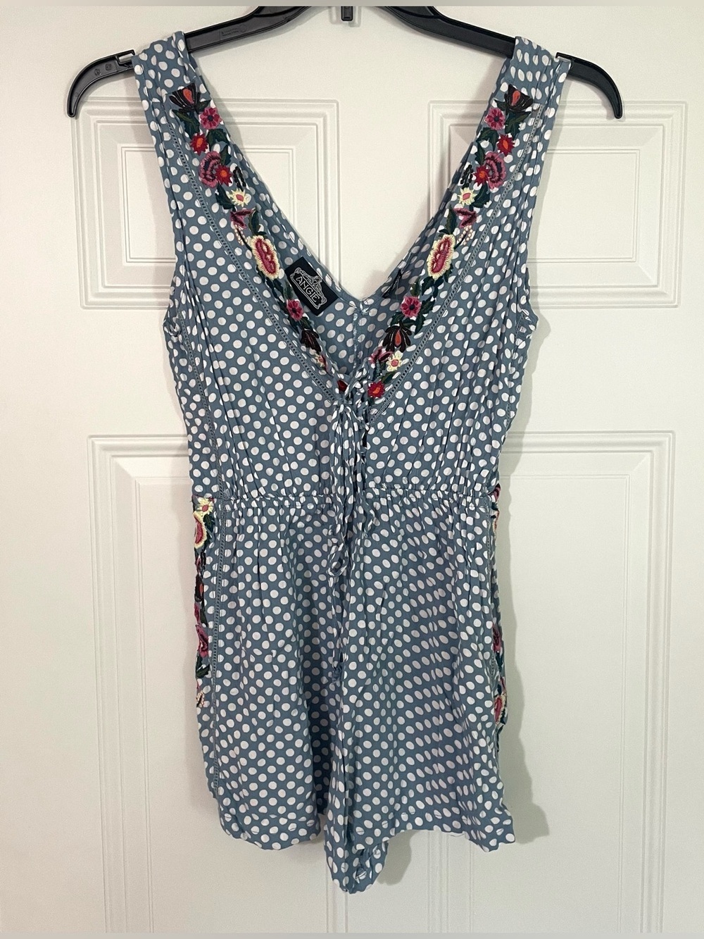 Angie Polka Dot Embroidered Floral Romper Size Medium Blue Boho Summer